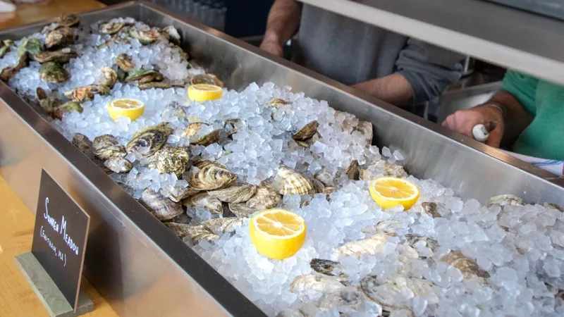 Fresh local oysters on ice at the raw bar